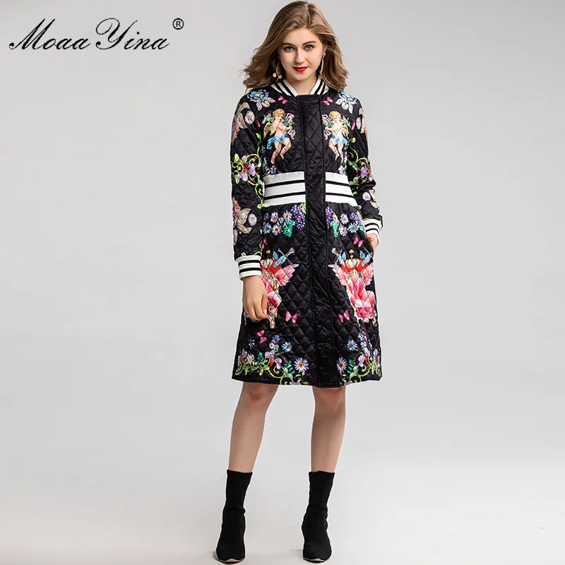 MoaaYina роскошный подиум ангел цветочный принт тонкий пуховик пальто женская мода