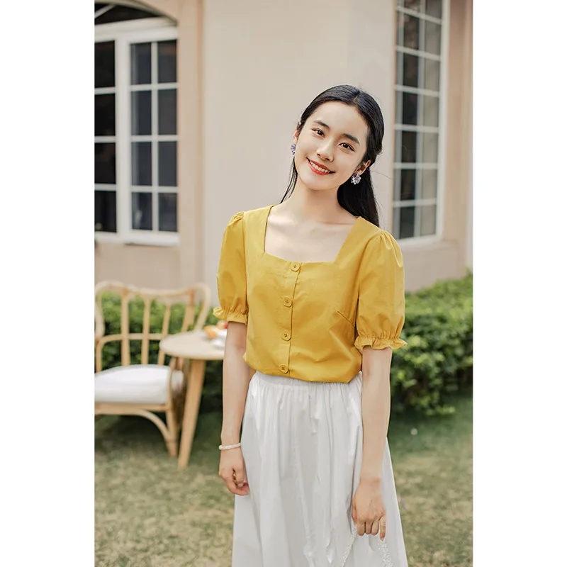 Летняя классическая блузка INAMN в стиле ретро с квадратным вырезом и коротким