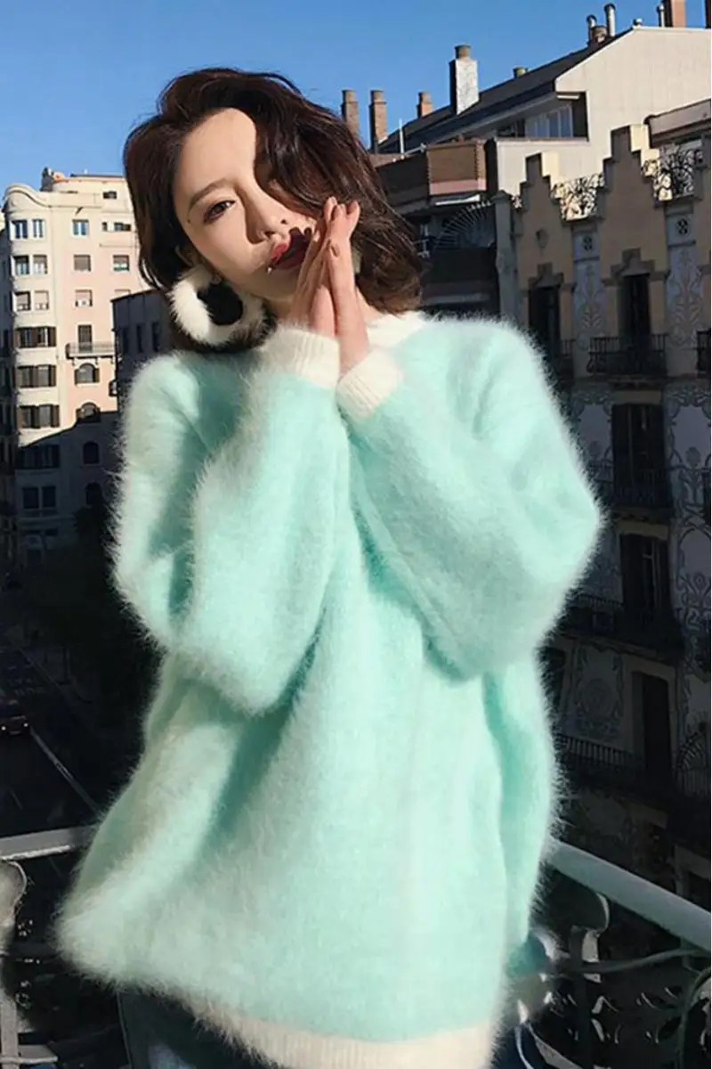 

Jumper Rushed Poncho 2020 Autumn Sweater Contrast Mohair Pullover Lazy Wind Loose Mink Velvet Women Light Computer Knitted Long