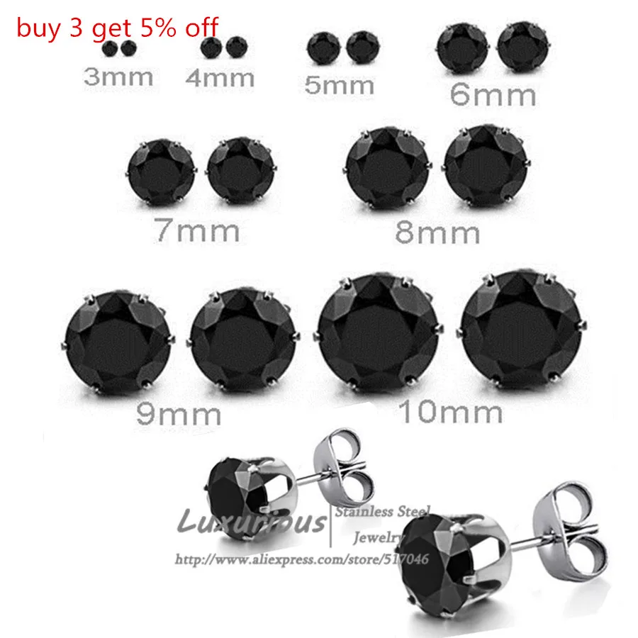 Люксукискидс 3ММ-10ММ 10 пар/лот Бриллиантовые круглые чёрные серьги с кубическим цирконием из нержавеющей стали для малого бизнеса.