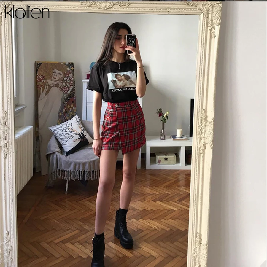 KLALIEN spring Vintage red Plaid mini skirts Women 2019 summer fashion office lady club party casual short pleated mujer | Женская