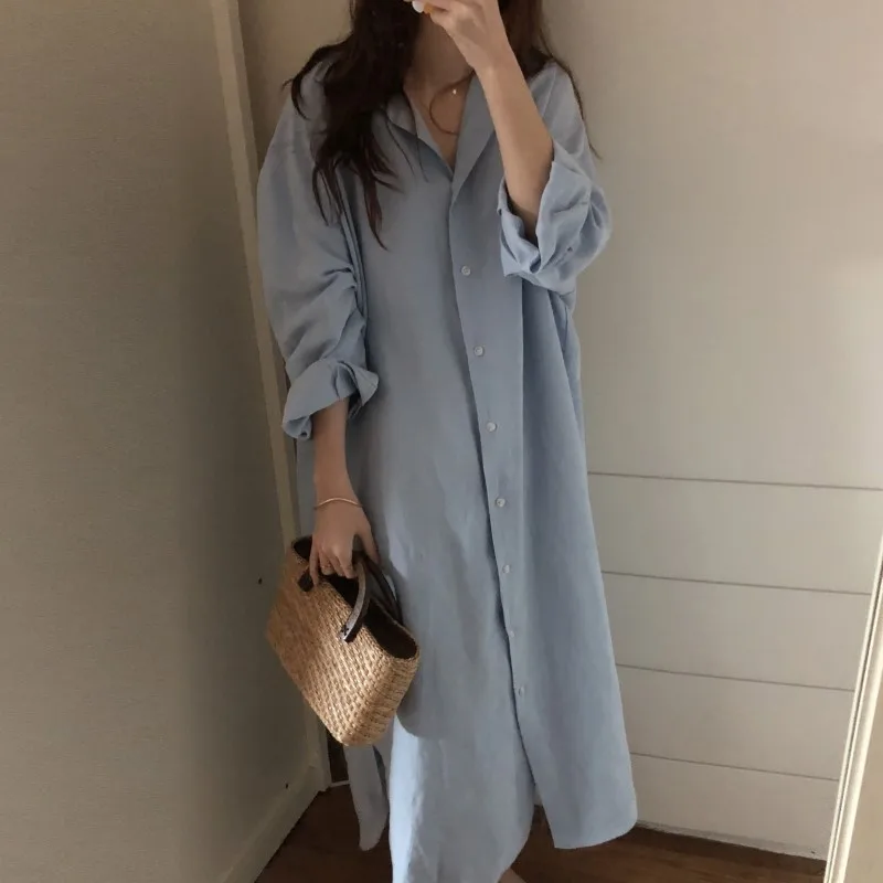 

women's summer loose cotton long shirt dress female turn down collar plus size long sleeve side split vestidos casual dresses