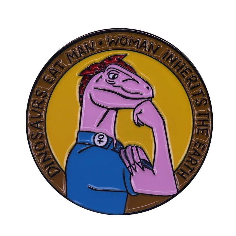 Динозавры съедают мужскую и женскую брошь на землю Феминистская булавка Рози