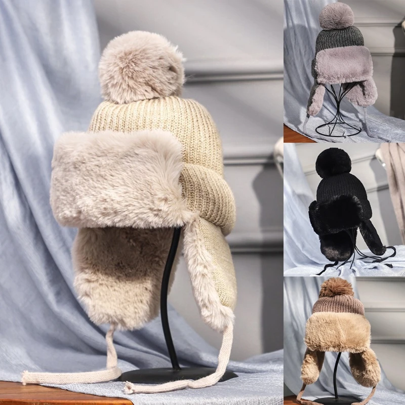 

Women Winter Knit Pom Pom Trapper Hat Thick Fluffy Plush Thermal Warm Snow Ski Windproof Solid Color Beanie Earflap Cap