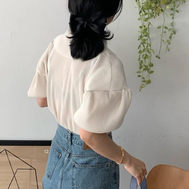 

2021 Spring Pleated Puff Short Sleeve Blouse Tops Causal Turn-down Collar Blusas Femme Korean New Chic Shirt