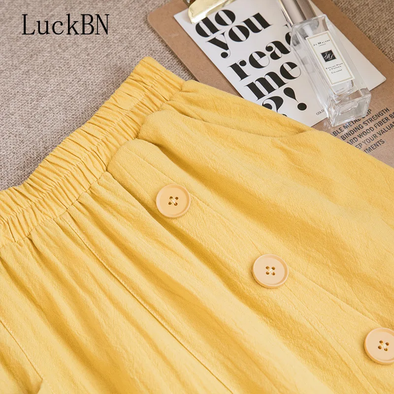 

Womens Spring Summer Calf-Length Pants Buttons Casual Cotton Linen Solid Elastic Waist Harem Trousers Soft Pants Female Ladys