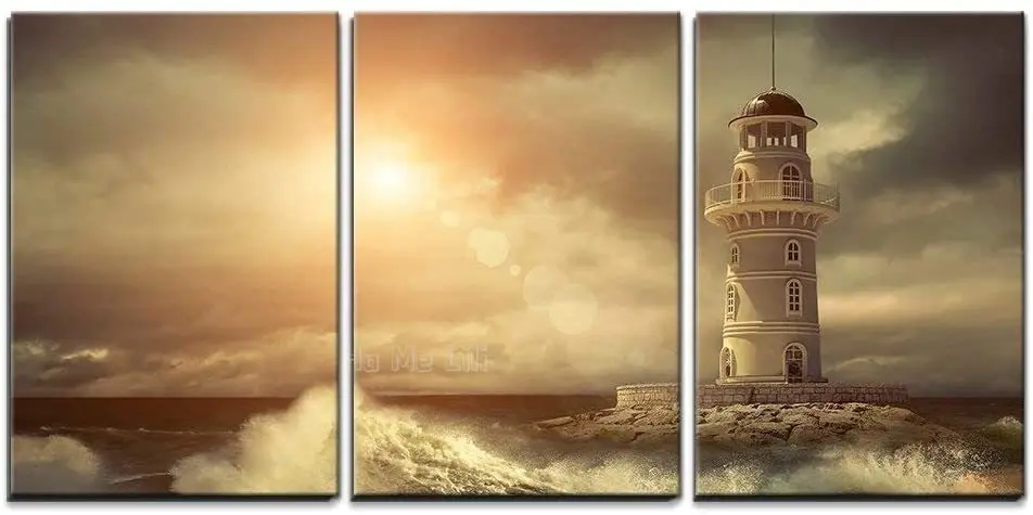 

3 Piece Canvas Wall Art Lighthouse on The Sea Under Sky Modern Home Art