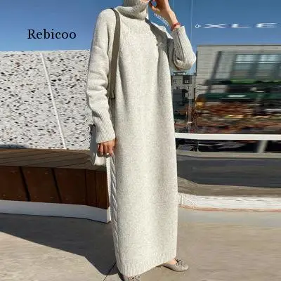 

Turtleneck Full Sleeve Oversized Knit Dress Female Winter Vestidos Casual Thick Twisted Women Long Sweater Dress
