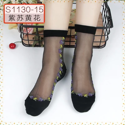Hyrax trends Transparent sexy bud ladies silk Socks flower design Black transparent color Sexy fashion lace sock - Цвет: 1pack5pairs