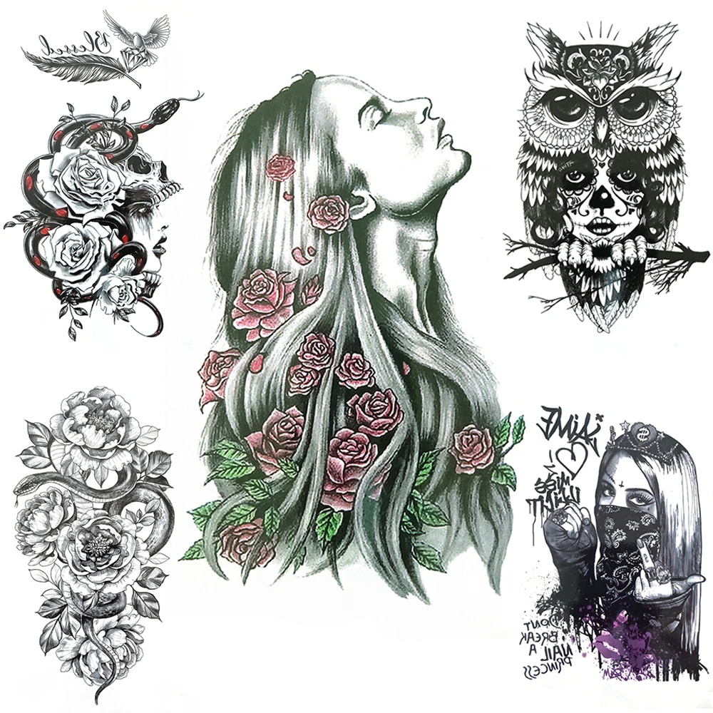 

Harajuku Fake Temporary Tattoos For Women Men Death Skull Snake Rose Flower Tattoo Gangster Skeleton Waterproof Tatoos Arm Hands