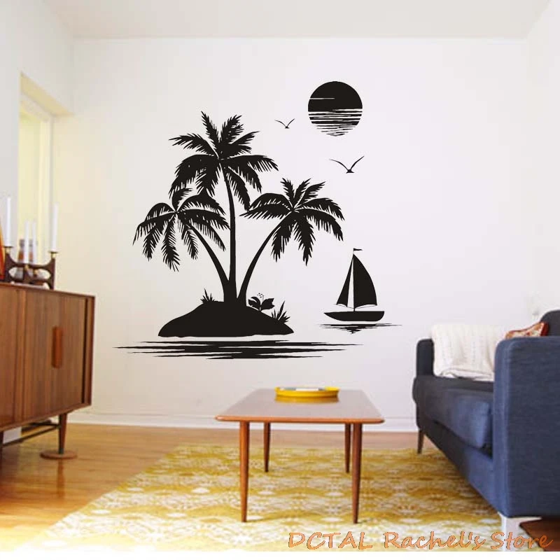 Курорт морская сторона наклейка остров с пальмой корабль силуэты Чайка домашний