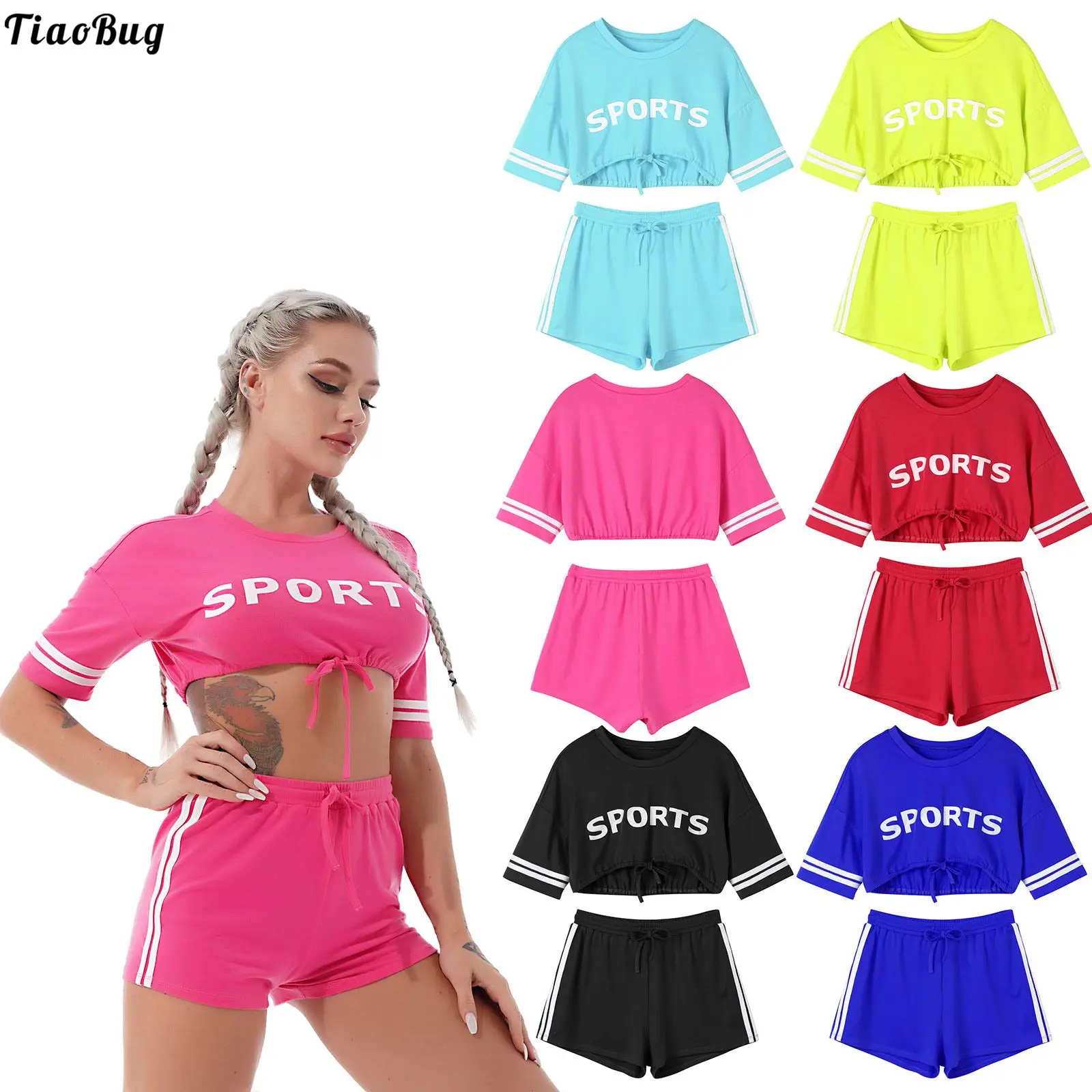 

Летний женский дышащий спортивный костюм из 2 предметов, короткий топ с круглым вырезом и коротким рукавом с буквенным принтом и шорты, комп...