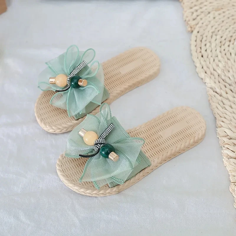 

New Butterfly-Knot Home Slippers Summer Cool Eva Slippers Women Linen Belt Slides Female Sandals Flip Flops