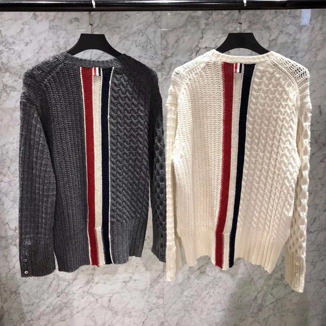 2021 Fashion TB Brand Sweaters Men Loose O-Neck Pullovers Clothing Striped Spliced Cotton Wool Thick Winter Casual Coat