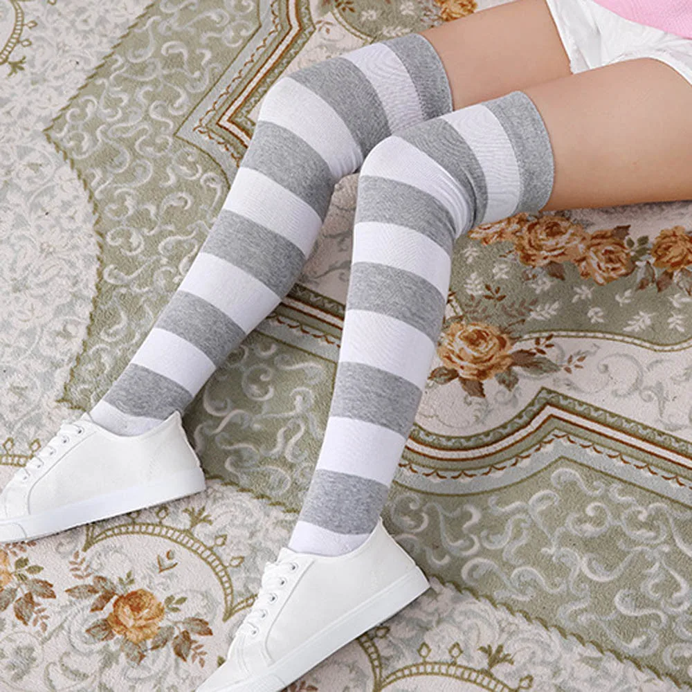 Осенние зимние модные длинные носки женские выше колена теплые в полоску мягкие