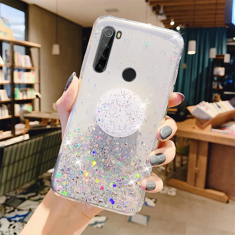 silver foil phone holder case for redmi note 9 9s 8 8t 7 6 5 pro 4 4x 5 9a 9c 8a 7a 6a 5a 10x glitter soft silicone stand cover free global shipping