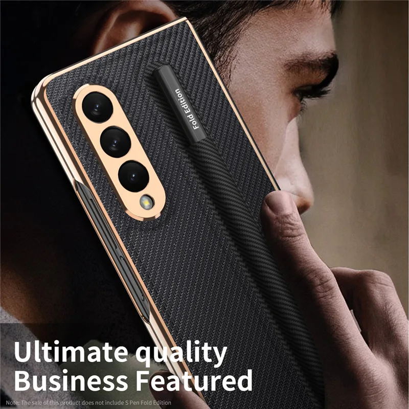 plating frame leather pen holder slot case for samsung galaxy z fold 3 5g phone cover 360 full protection front glass film case free global shipping