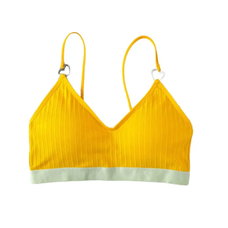 Women Candy Color Splicing Bralette V-Neck Heart Ring Ribbed Knit Bra Underwear X3UE