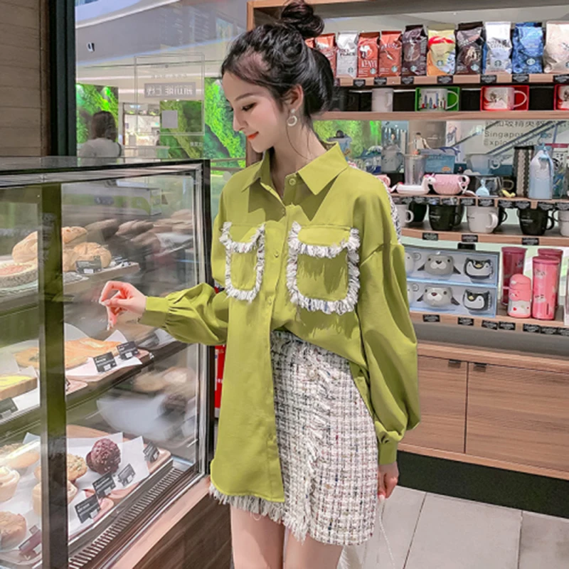 New Arrival Autumn Korea Fashion Women Two Piece Set Skirt Green Blouse+high Waist Tassel Mini Skirt Set 2 Piece Skirt Set D535