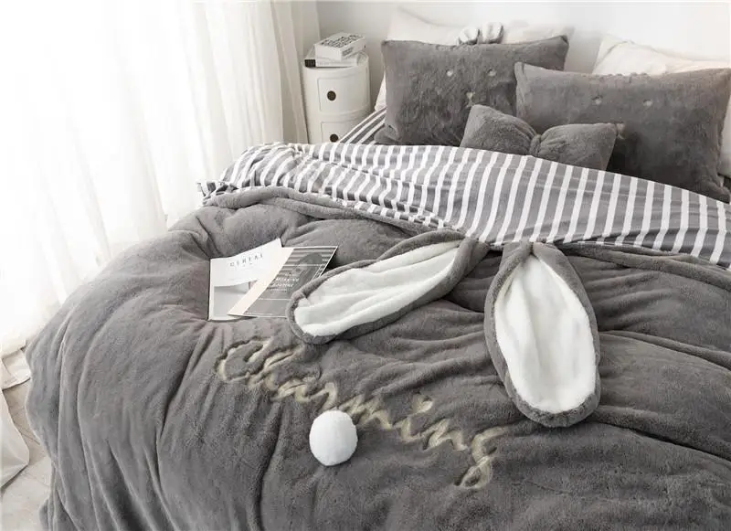 -Luxury Solid Color Fleece fabric Bedding Set Duvet Cover Sheet Pillowcase King Queen twin Size White Gray pink Bed Linen | Дом и сад