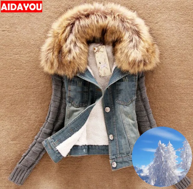 Женская джинсовая куртка короткий свитер с флисовой подкладкой и меховым