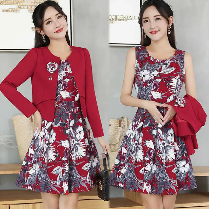 

Women's Spring Autumn Style Dress / Suit Women's Two Pieces O-Neck Printed Long Sleeves Ruffles Elegant Dress SS3695