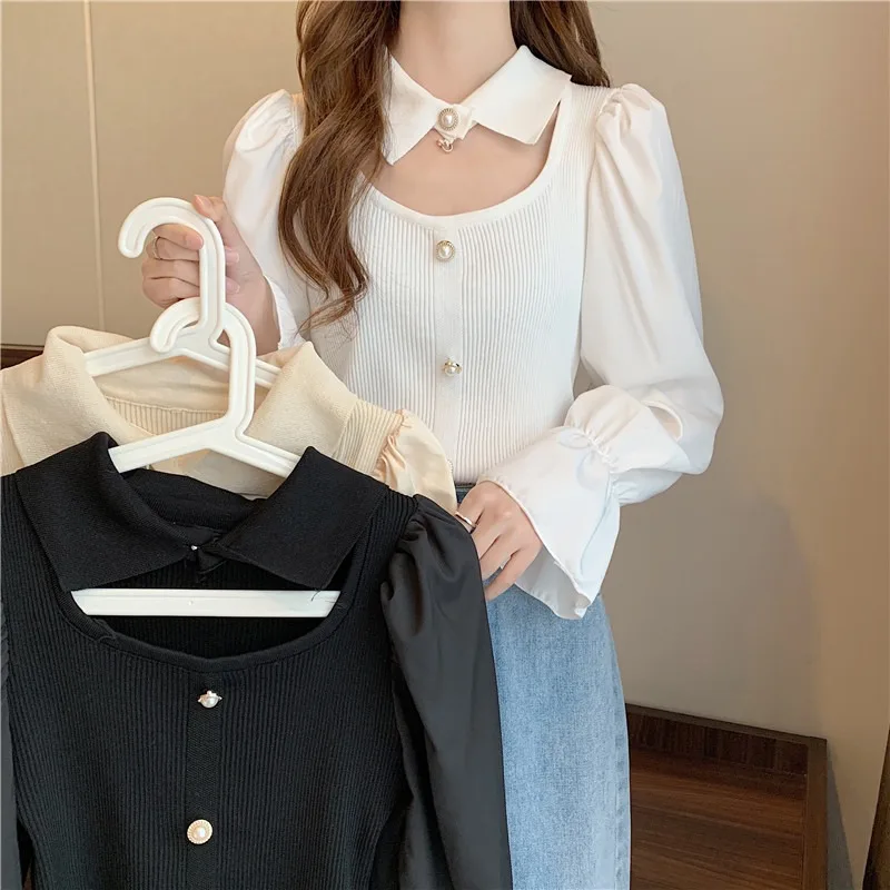 

Ladies Blouses Flare Sleeve Halter Hollow Out Shirts Knitted Women's Clothing Spring Autumn Korean Fashion Clothes Female Tops