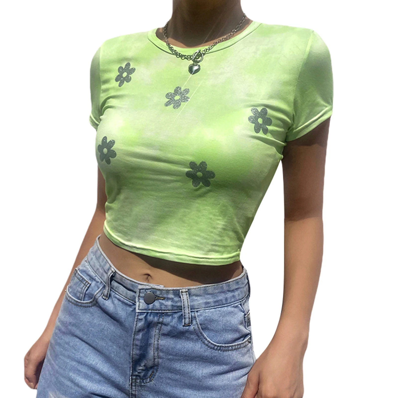 

Женский укороченный топ с блестками и коротким рукавом