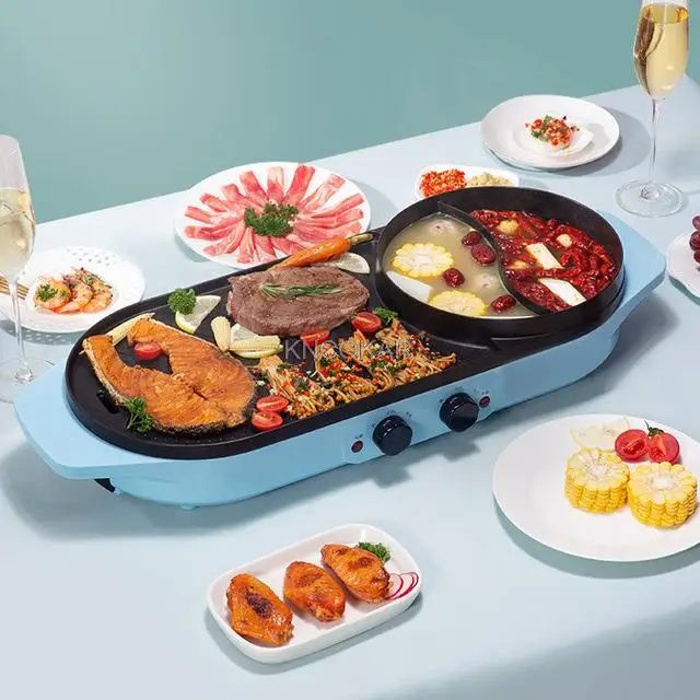 저렴한 큰 2 In 1 220V 전기 냄비 오븐 무연 바베큐 기계 홈 바베큐 그릴 실내 구운 고기 접시 접시 멀티 쿠커