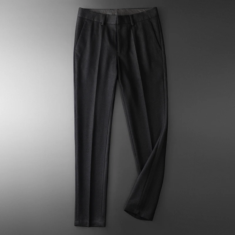 Minglu Black Wool Mens Pants Luxury Solid Color Business And Casual Male Pants Autumn And Winter Slim Fit Man Trousers