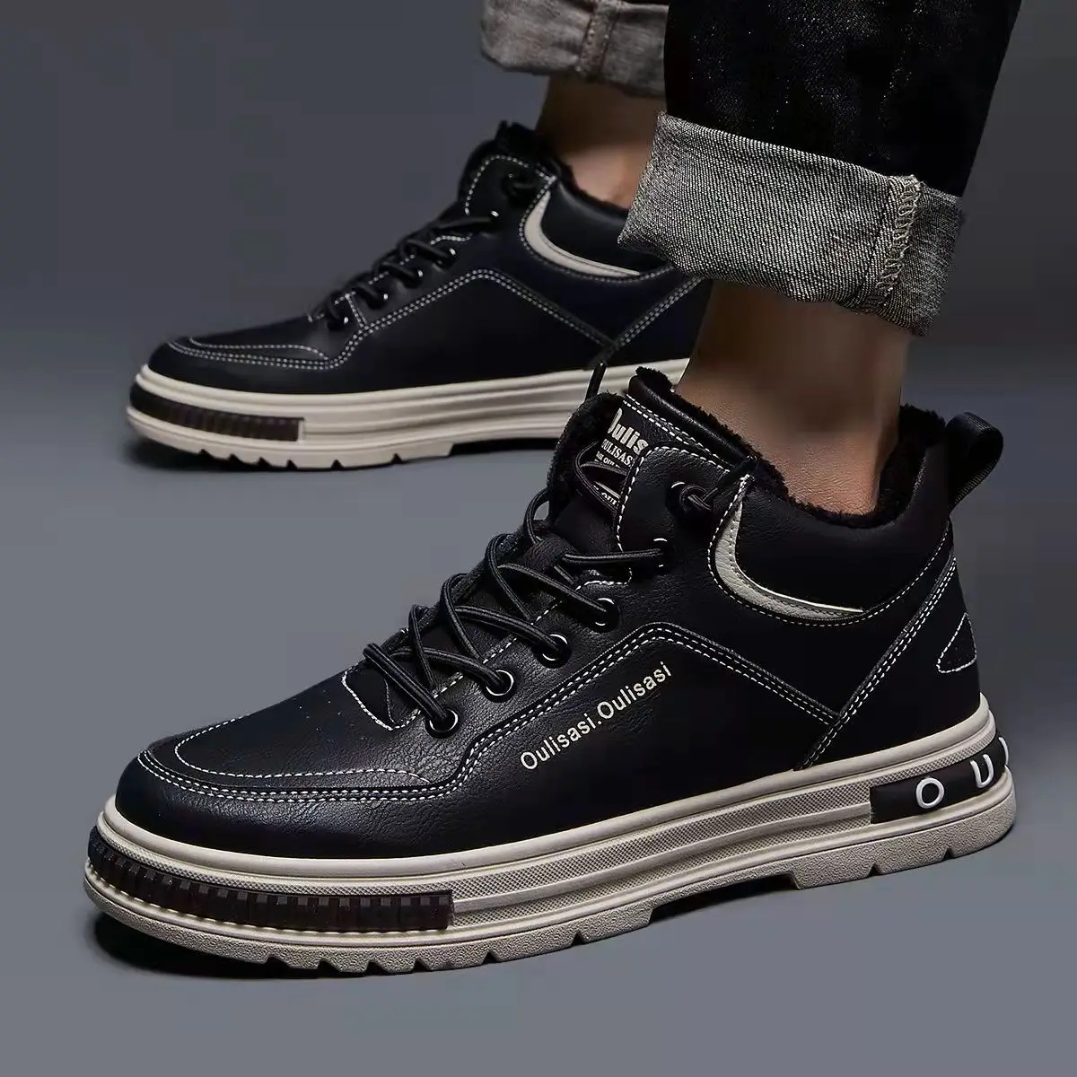 

Мужские высокие кроссовки из ПУ кожи, повседневная классическая обувь для бега, удобная уличная дышащая обувь на плоской подошве, нескользя...