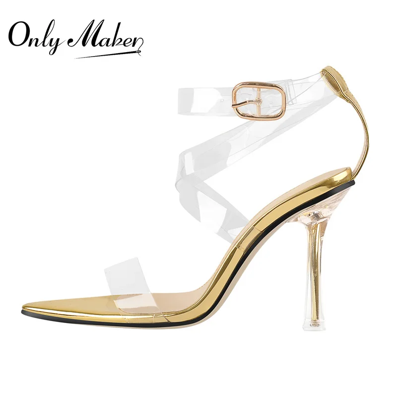 

Onlymaker Women's Summer Pointed Open Toe Sandals Clear Metal High Heels Cross Strap PVC Shoes Big Size 2021 Fashion