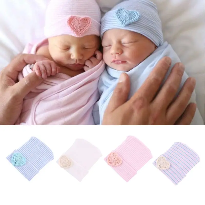 

KLV 4 Pcs Newborn Comfy Hospital Caps Heart Strap Print Toddler Baby Infant Boys Girls Warm Beanie Hat Accessories