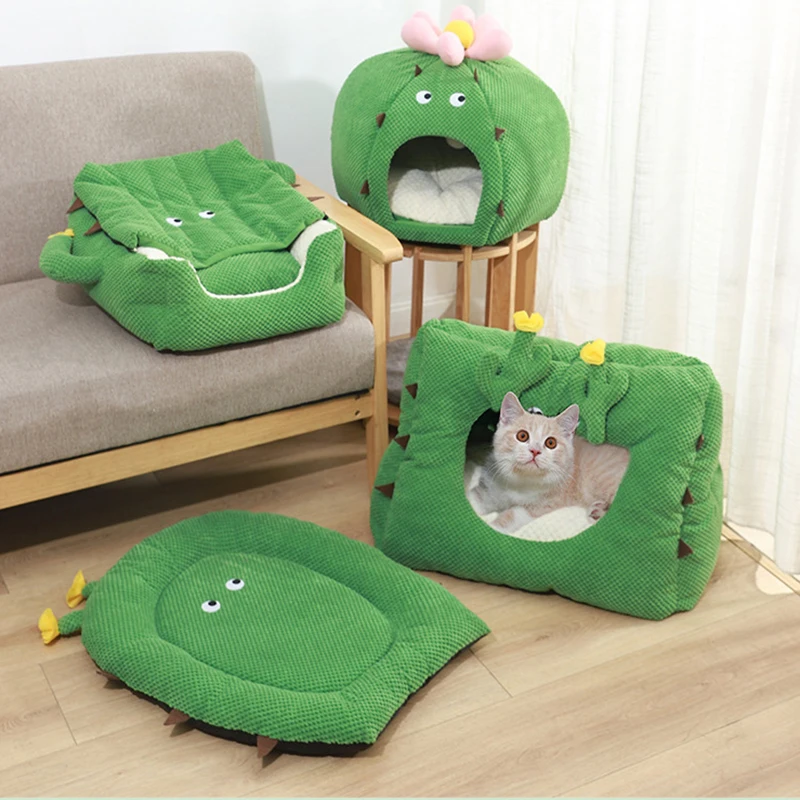 Домик для домашних животных Kawaii, полностью закрытый, Юрта, нескользящее гнездо для кошек, Конура, кактус, кровать для домашних животных, ковр...