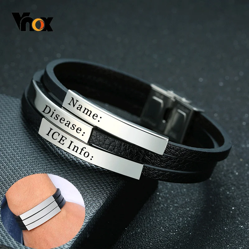 

Vnox Men's Multi-Layer Black Leather Wrap Bracelets Personalize Engrave Name Love Friendship ICE Info Custom Gifts for Him