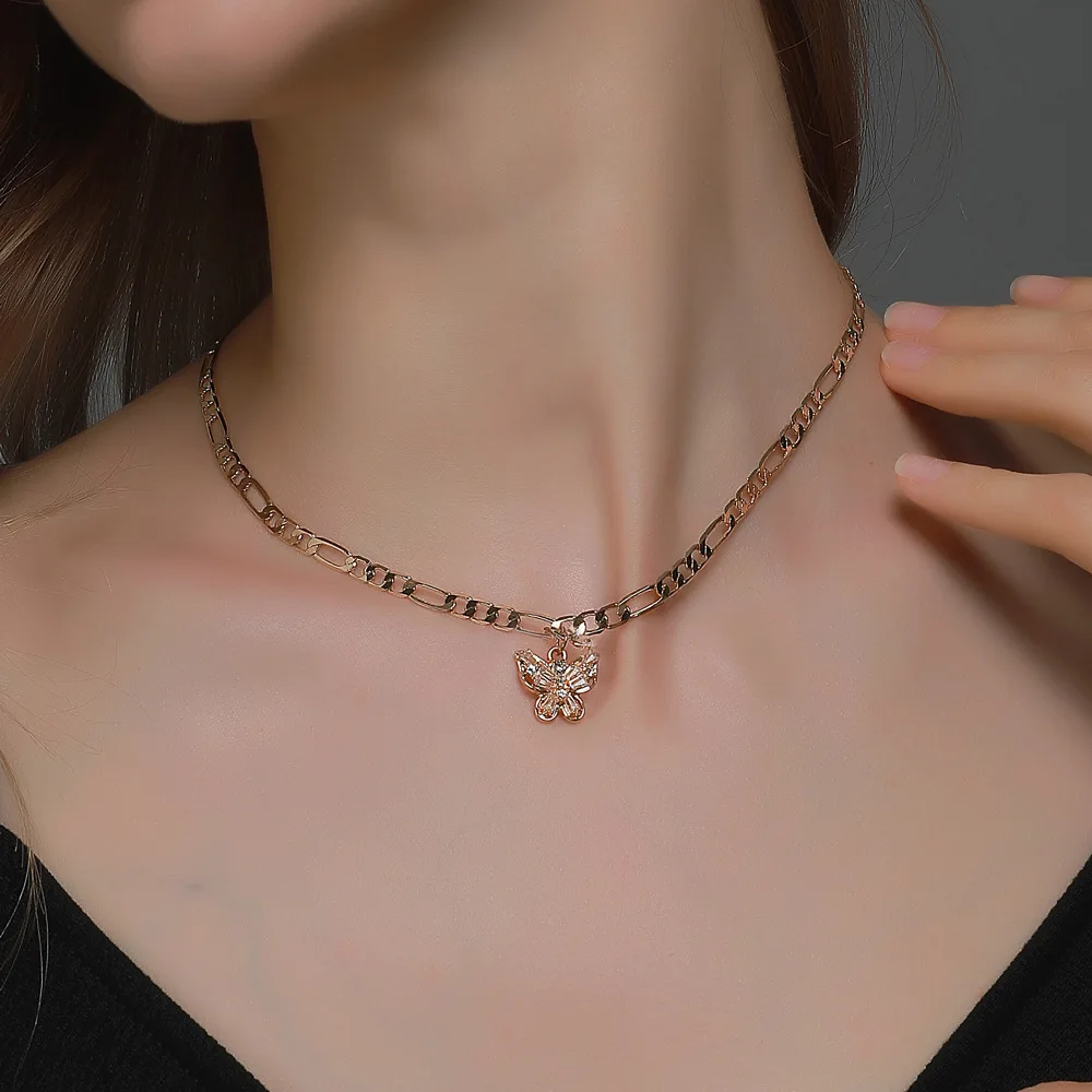 

New Zircon Butterfly Necklace for Women Gold Color Crystal Pendant Thick Chain Luxury Jewelry Fashion Trend Party Girl Gift