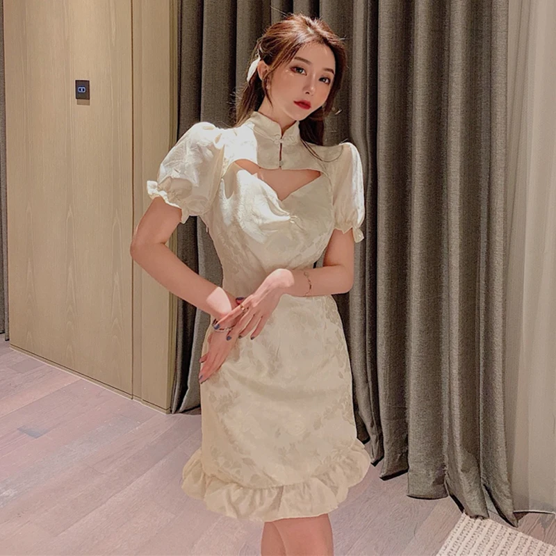 

2021 women bodycon chinese cheongsam qipao dress nightclub sexy stand collar hollow out party dress cheongsam dress