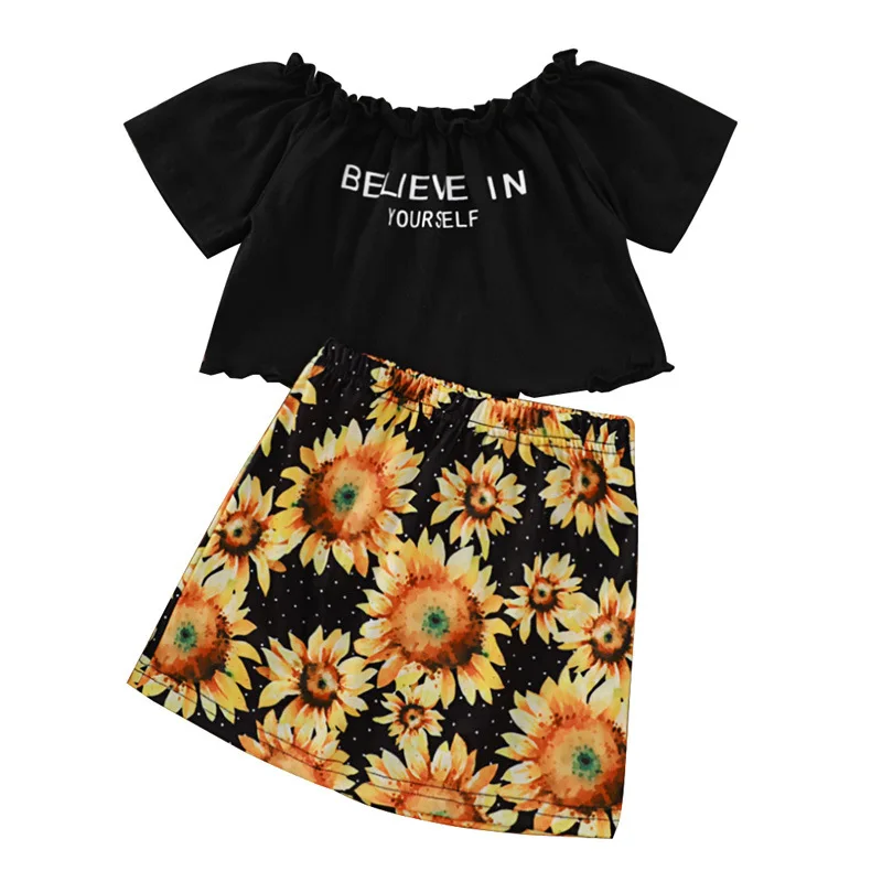 

Kids Baby Girls Summer Short Sleeve Letter Tops T-shirts Sunflower Skirts Toddler Children Clothes Sets 2pcs 3-10Y