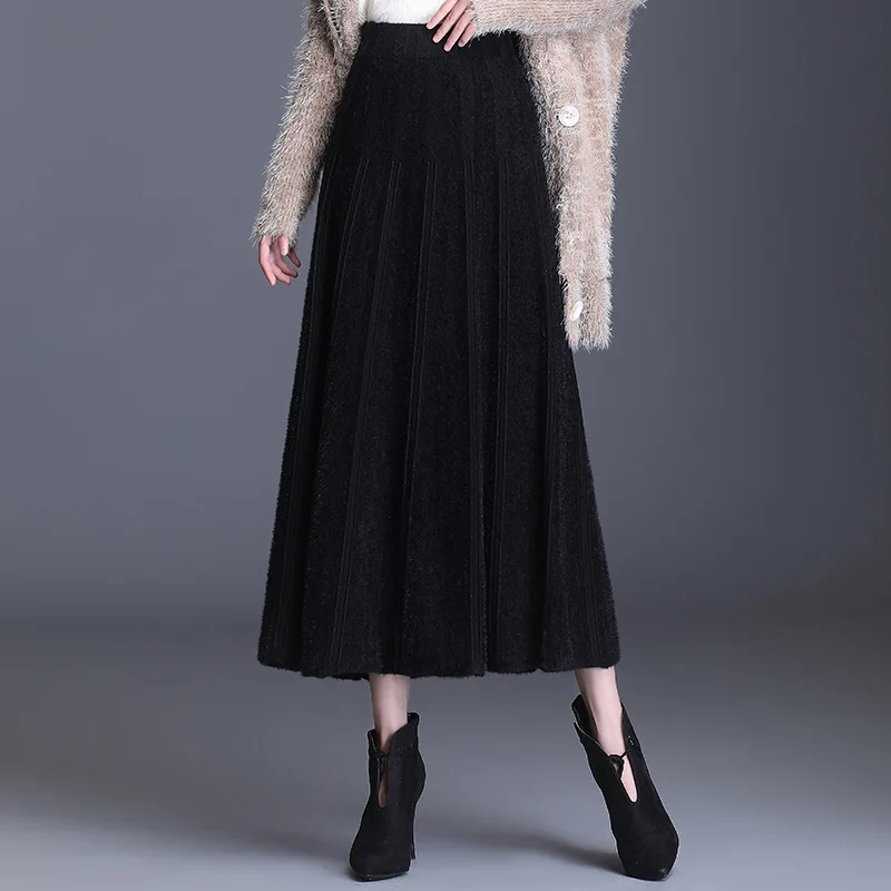 

Winter Clothes Women Vintage Elegant Big Swing Knitted Pleated Skirt Lady Elastic High Waist Loose Casual Long Black Skirts 8517