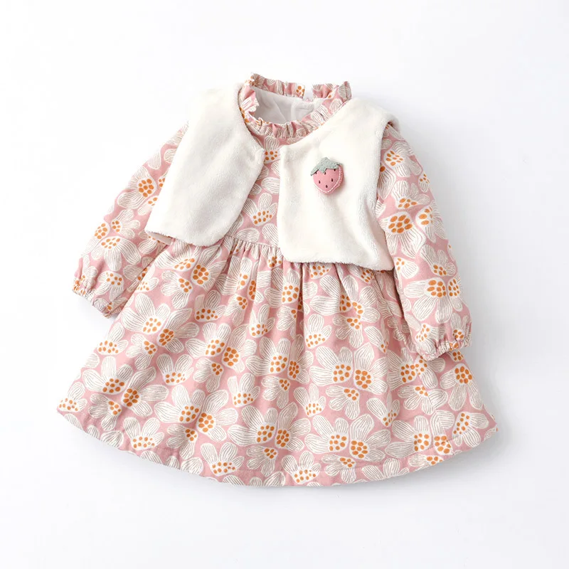 

Babies Girl Dress 2Pcs Toddler Girl Dresses Floral Long Sleeve Plush Skirt White Vest Coat Suits Spring/Fall Girls Outfits 1-4Y