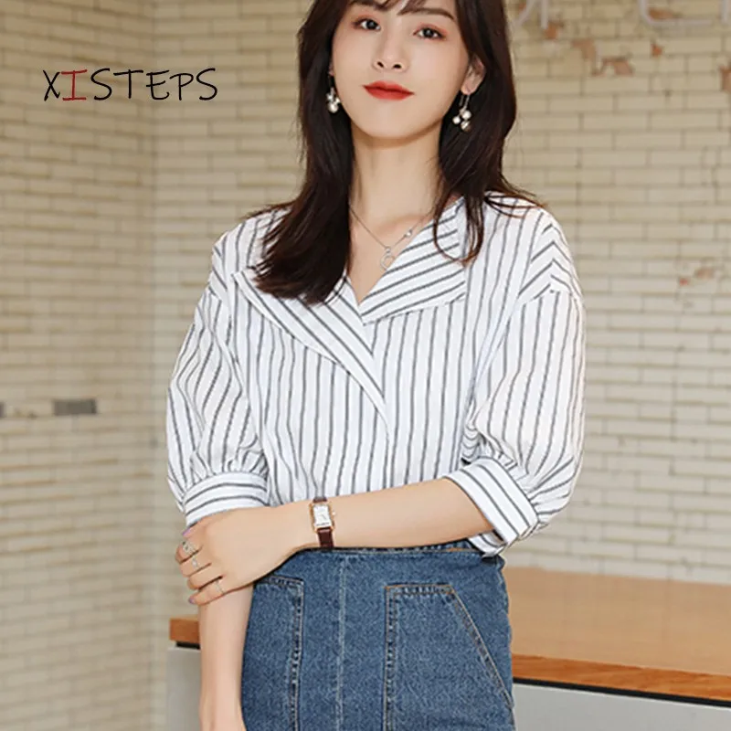 Striped Loose Chiffon Blouses 2021 Summer Lantern Sleeve V-neck Shirts Ladies Fashion Tops Blusa Mujer White Korean Clothing