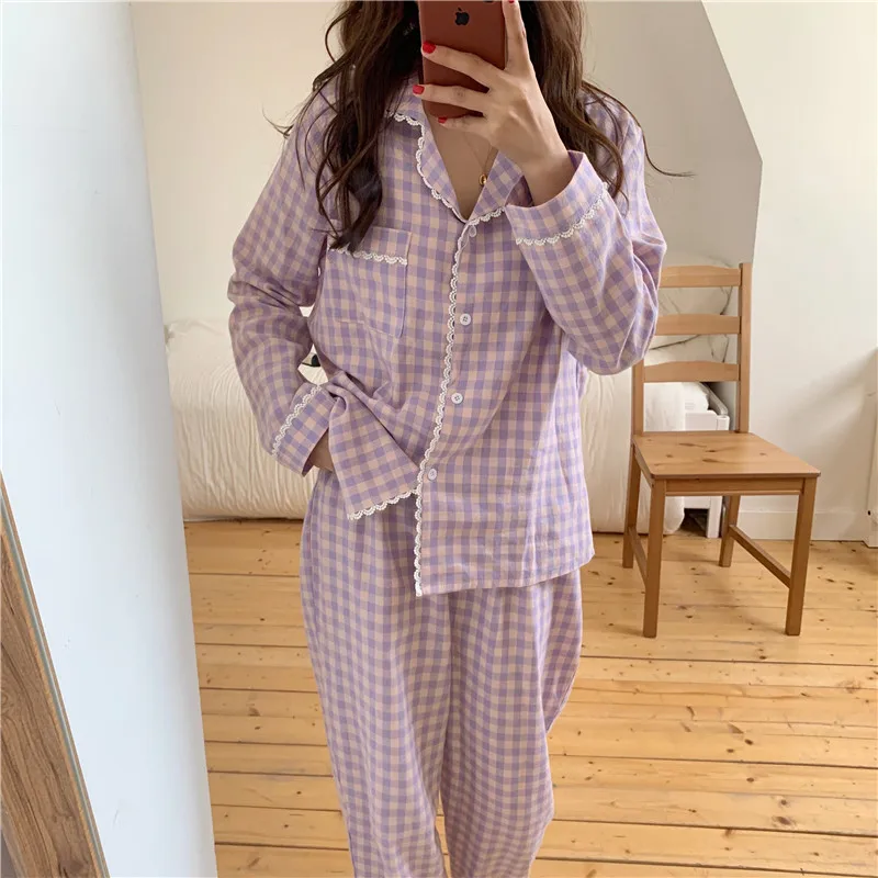 

spring autumn pajamas set fancy lace plaid sleepwear women home clothes 2 piece set single breasted blouse pants pijamas