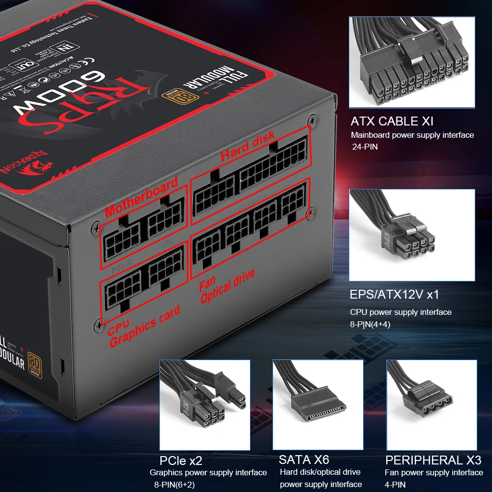 Блок питания REDRAGON RGPS для ПК 600 Вт 80PLUS бронзовый тихий игровой вентилятор 120 мм 24pin