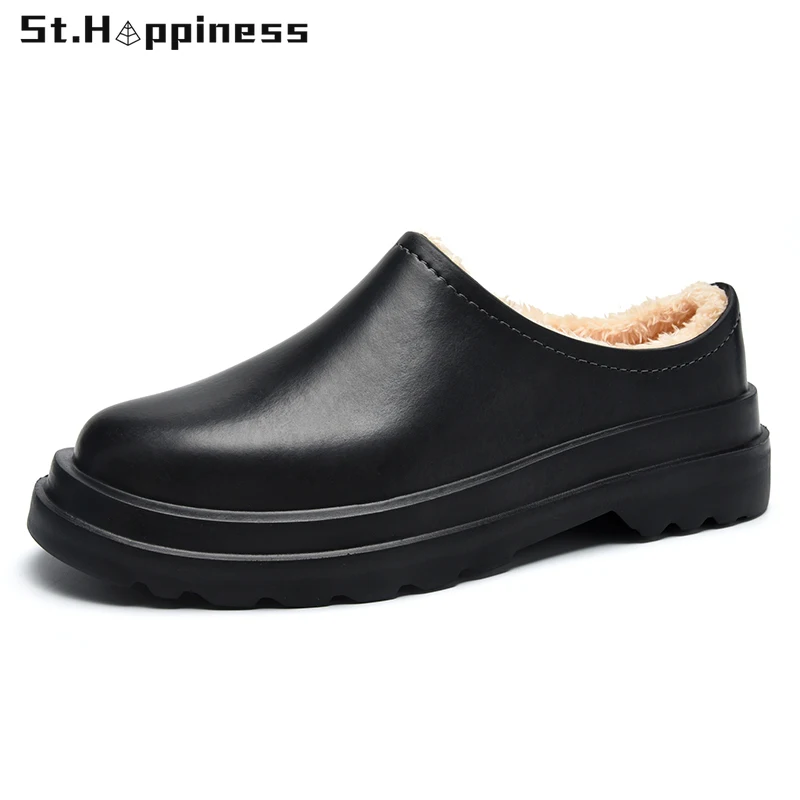 

2021 New Men Slippers Home Winter Indoor Warm Shoes Thick Bottom Plush Waterproof Leather House Slippers Cotton Shoes Big Size