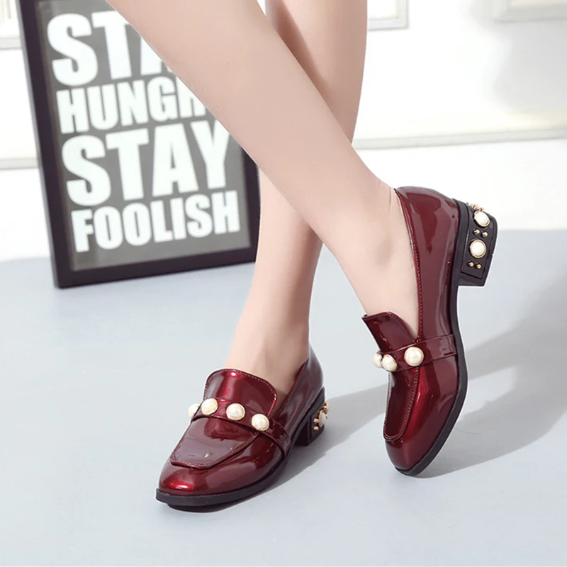Pearls Small leather shoes woman glitter crystal square toe flats loafers designer studs thick heels oxfords slip on derby | Обувь