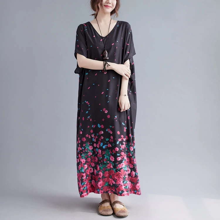 

2021 Summer Plus Size Woman Casual Holiday Dress V-neck Short Sleeve Floral Gradient Color Long Dress Female Fashion Vesidos