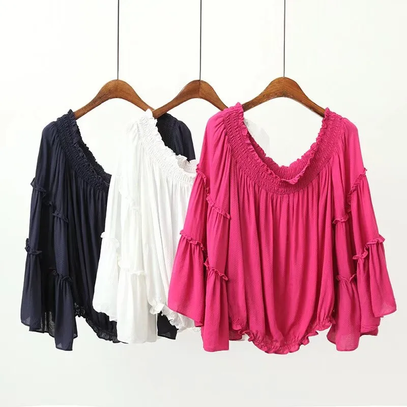 

HStar 2020 spring women short solid blouse slash neck female casual shirt fashion flare long sleeve women blouse