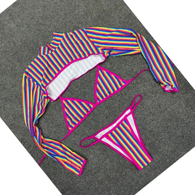 

Storyever New Summer Sexy Woman Bikini Beachwear Bathing Suit Colorful Stripe Printing Long Sleeves Three-Piece Set Swimsuit