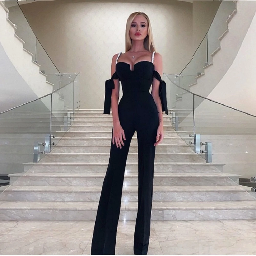 

2020 New Fashion Black Pearl Spaghetti Strap Bandage Jumpsuit Beads Off The Shoulder Backless Verano Runway Celebrity Party