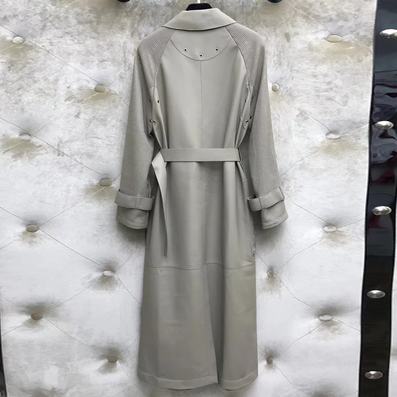 Тренч из натуральной кожи женское модное пальто овчины с поясом новый длинный